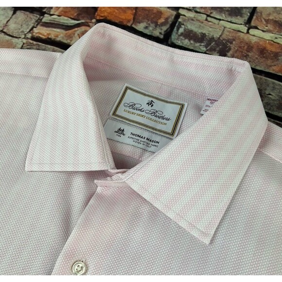 Brooks Brothers Luxury Thomas Mason Button Up Shirt Mens 17.5/34 Pink Striped - Picture 3 of 7